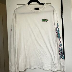 White RipnDip long sleeve tee with flocked flames and embroidery